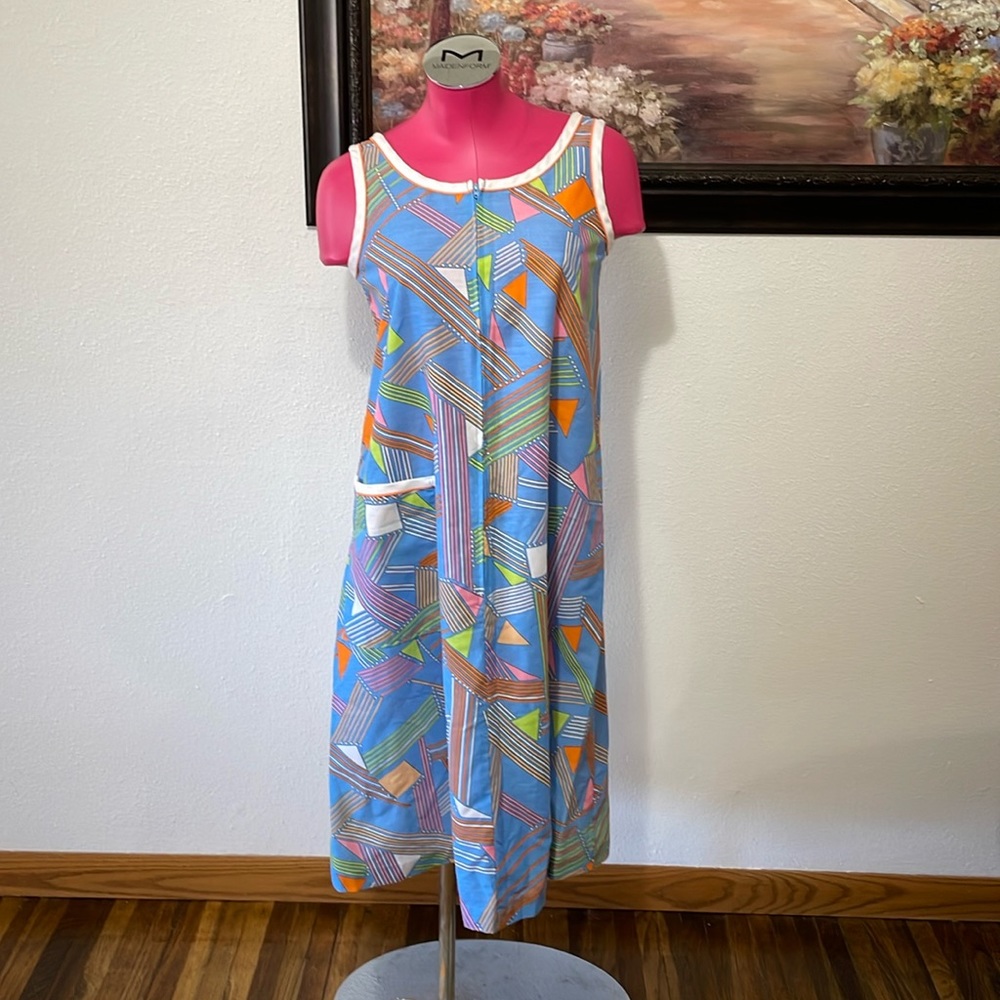 VINTAGE KOMAR USA House Dress Sleeveless Small Pocket Blue Orange Multicolor